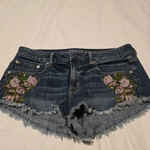 American Eagle Outfitters Blue and Pink Jean Shorts with Floral Embroidery